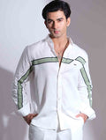 White - Green Chest Stripe Printed Full Sleeve Shirt