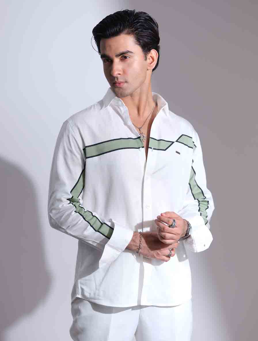 White - Green Chest Stripe Printed Full Sleeve Shirt