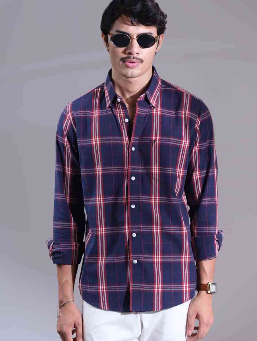 Purplish Blue - Maroon Check Printed Full Sleeve Shirt