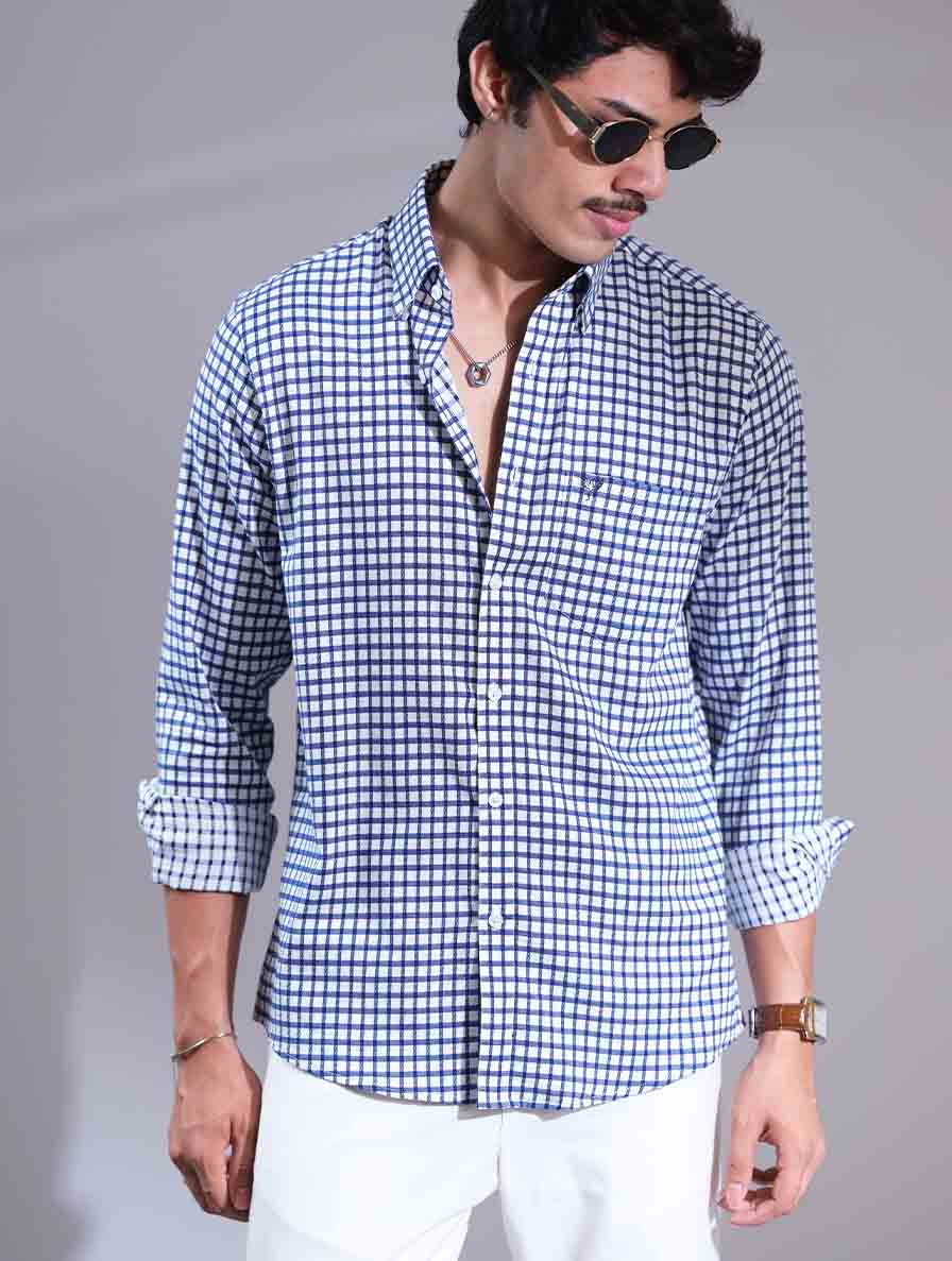 Blue and White Check Printed Full Sleeve Shirt