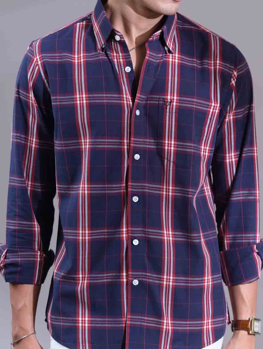 Purplish Blue - Maroon Check Printed Full Sleeve Shirt