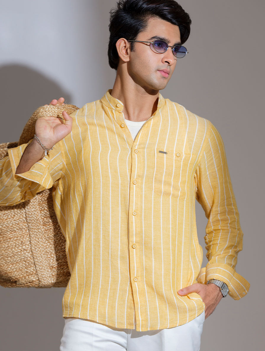 Yellow-white stripe band collar full sleeve shirt