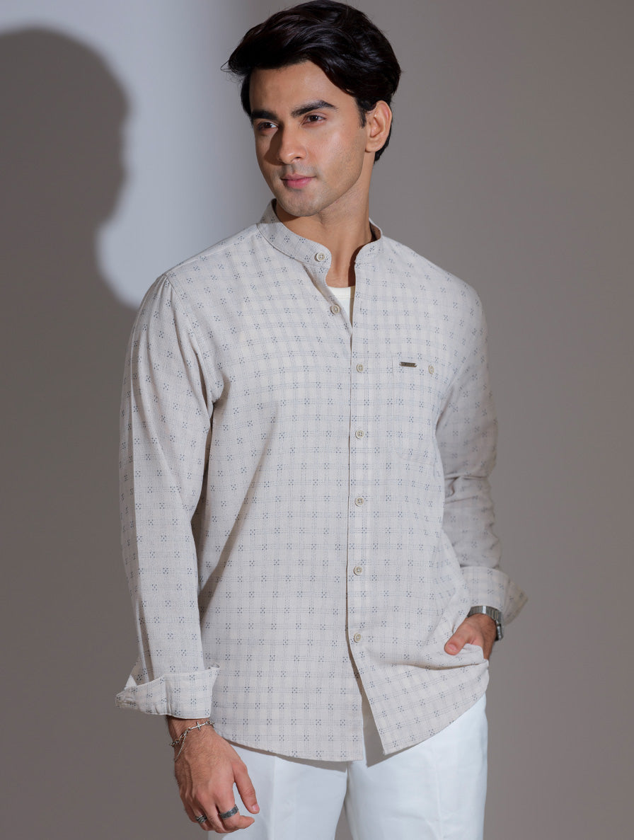 Beige black box texture band collar full sleeve shirt