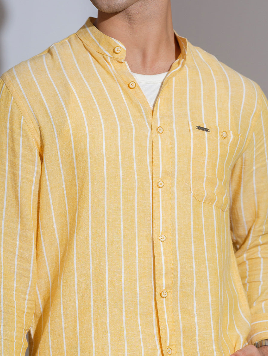 Yellow-white stripe band collar full sleeve shirt