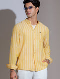 Yellow-white stripe band collar full sleeve shirt