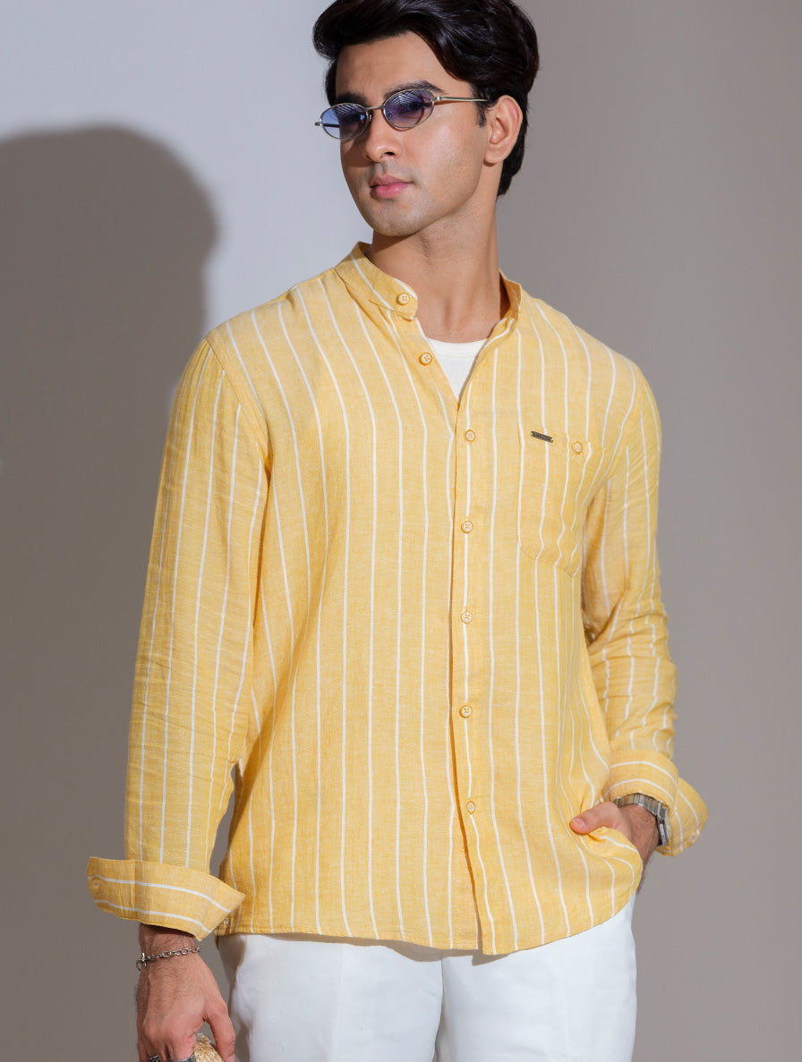 Yellow-white stripe band collar full sleeve shirt