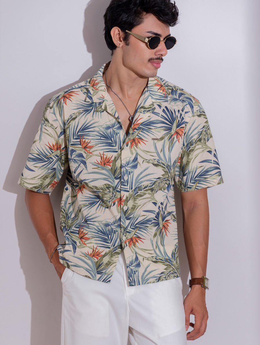 Cream orange green tree printed havana shirt