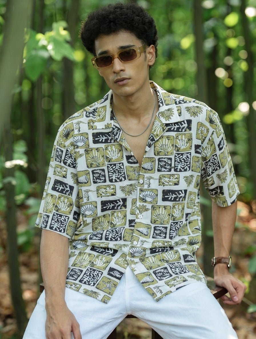 Cream Green Printed Havana Shirt