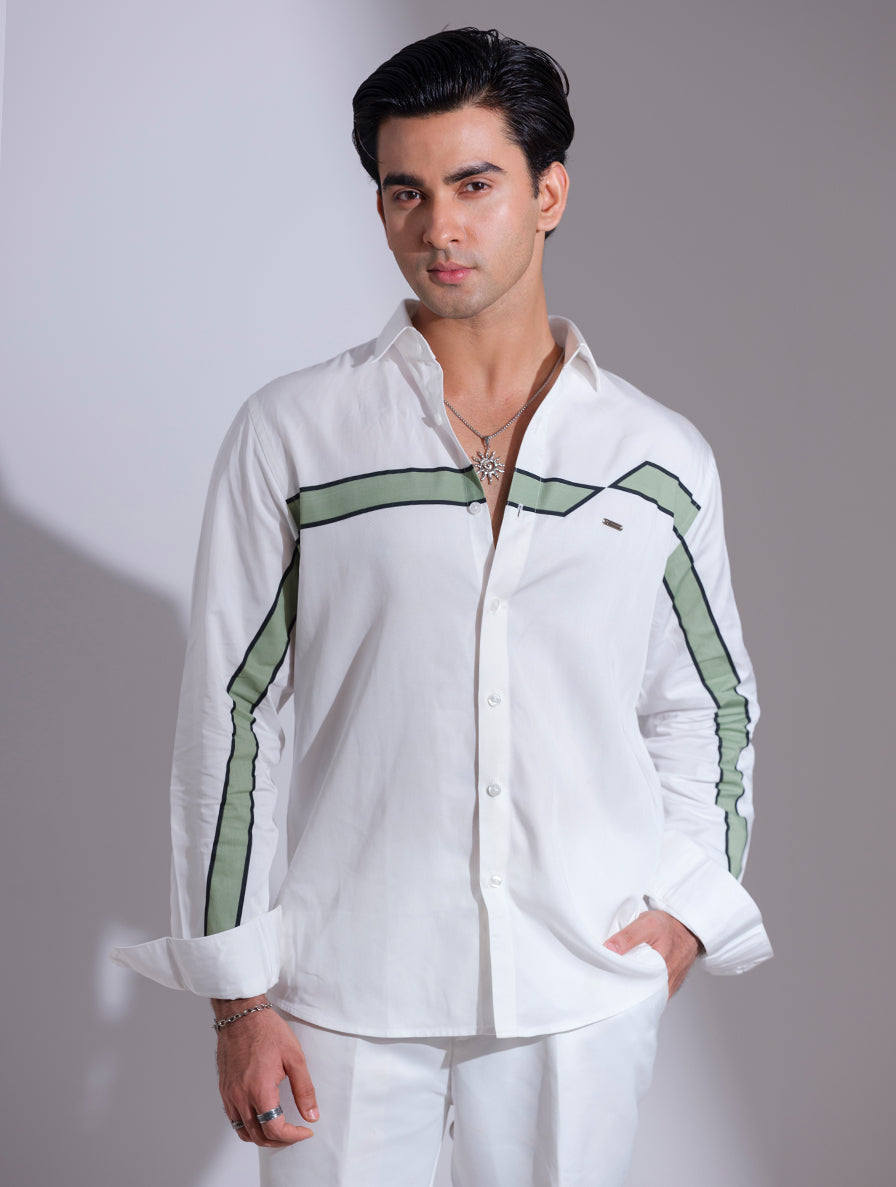 White - Green Chest Stripe Printed Full Sleeve Shirt