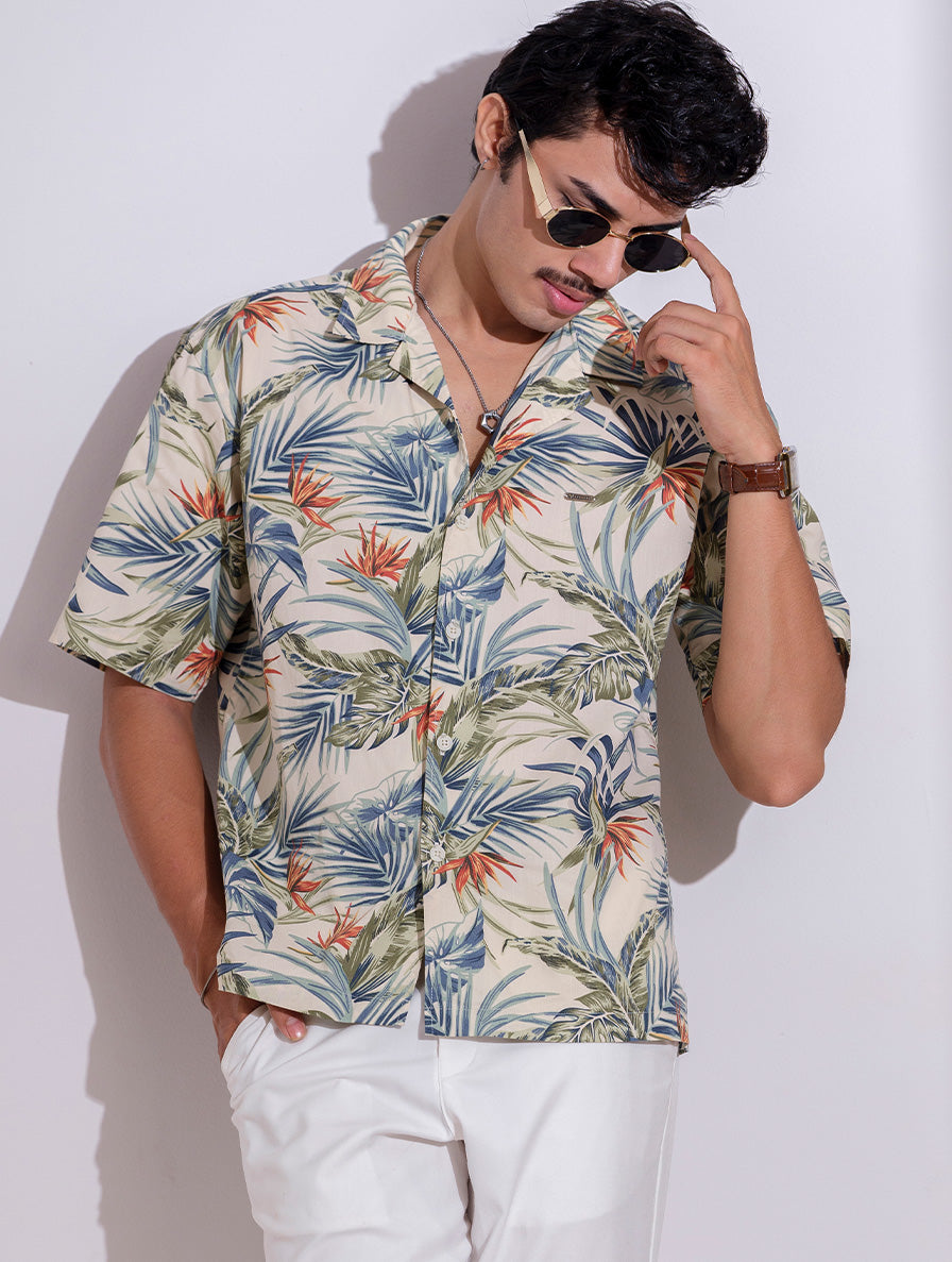 Cream orange green tree printed havana shirt