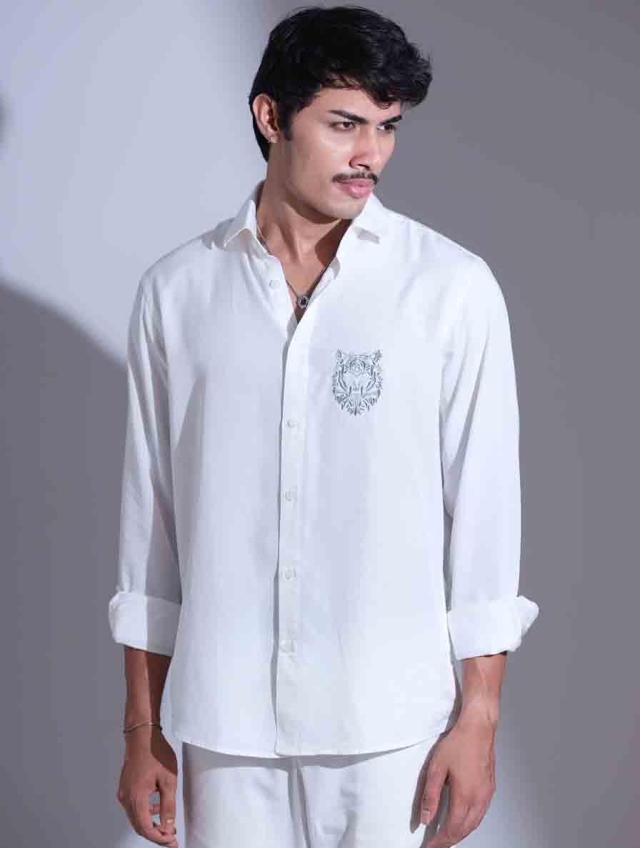 White Chest Logo Embroidery Full Sleeve Shirt