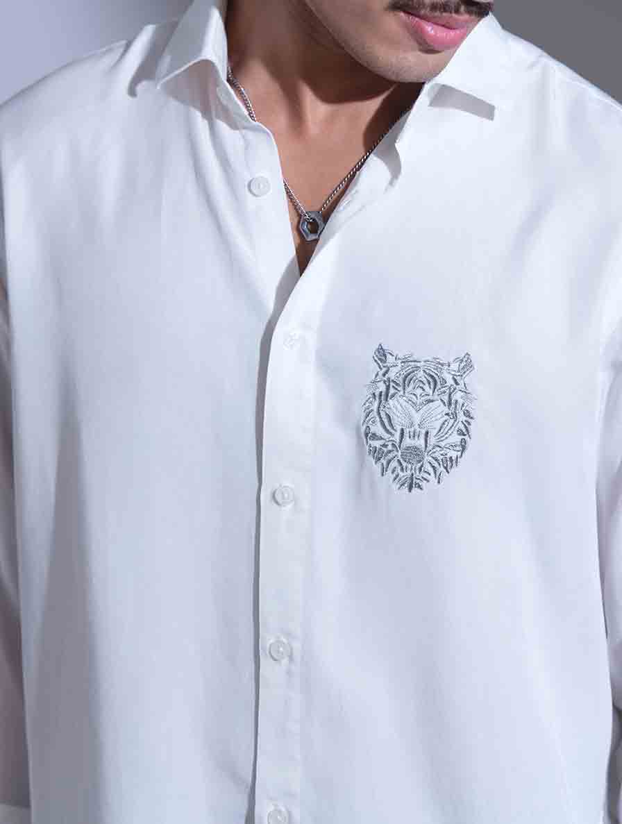 White Chest Logo Embroidery Full Sleeve Shirt