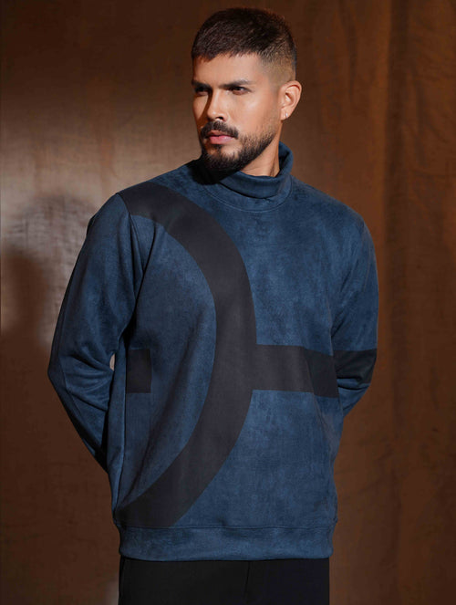 Aegean blue - Black Suede leather High Neck Sweat Shirt