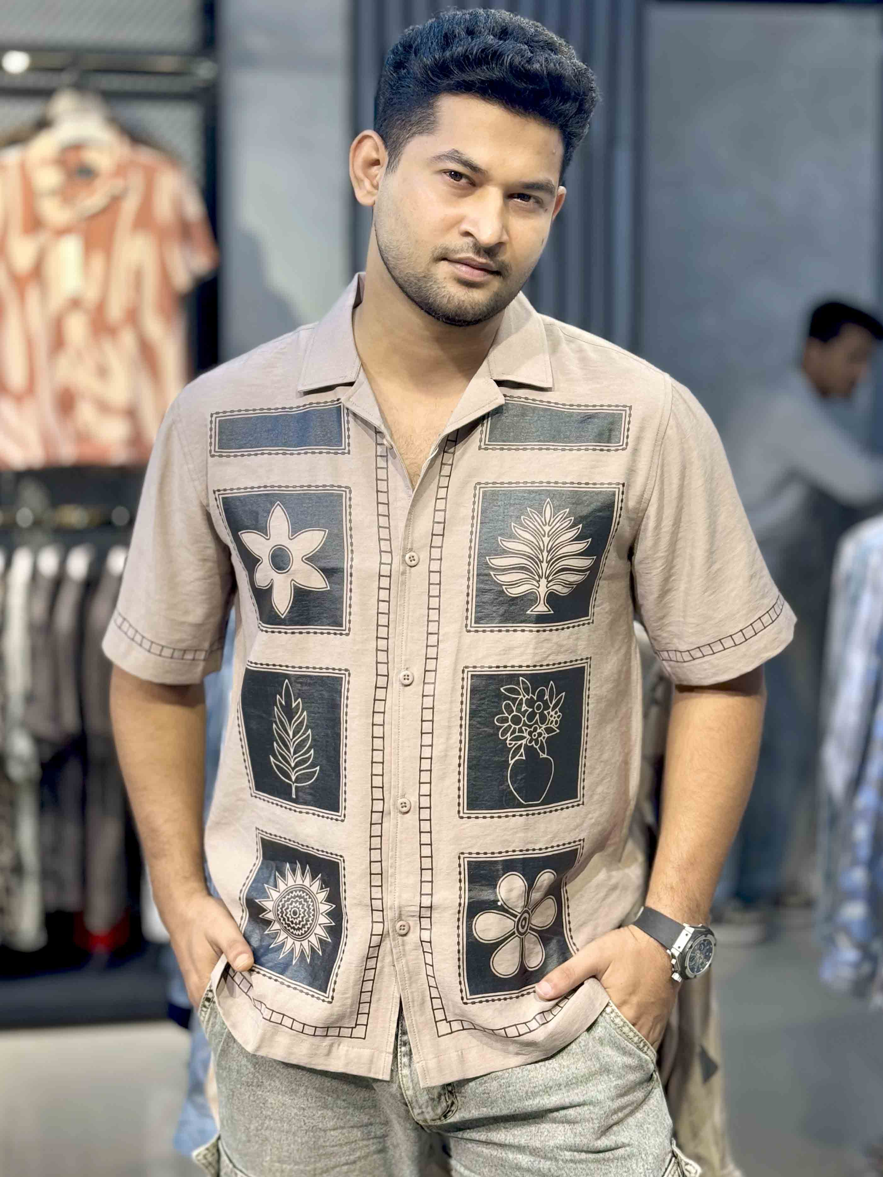 Beige Block Flower printed havana shirt