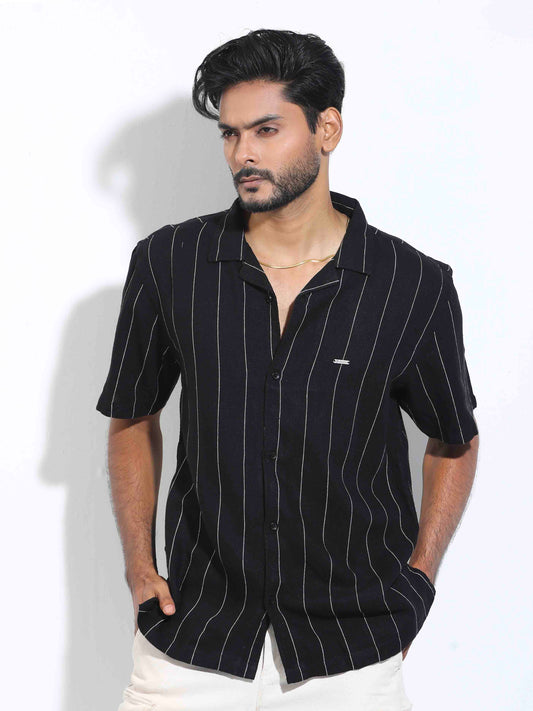 Jet Black white thin stripe Havana shirt