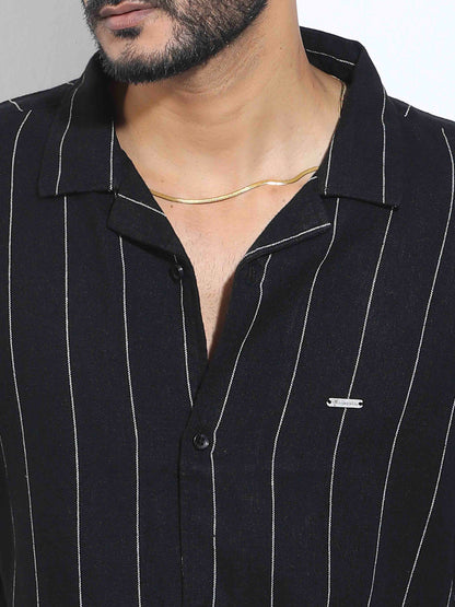 Jet Black white thin stripe Havana shirt