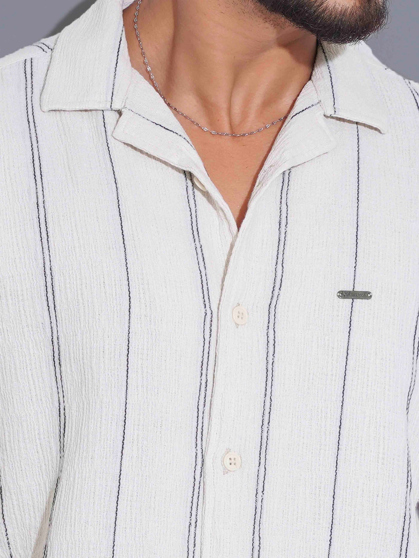 Pearl white Black stripe printed havana shirt