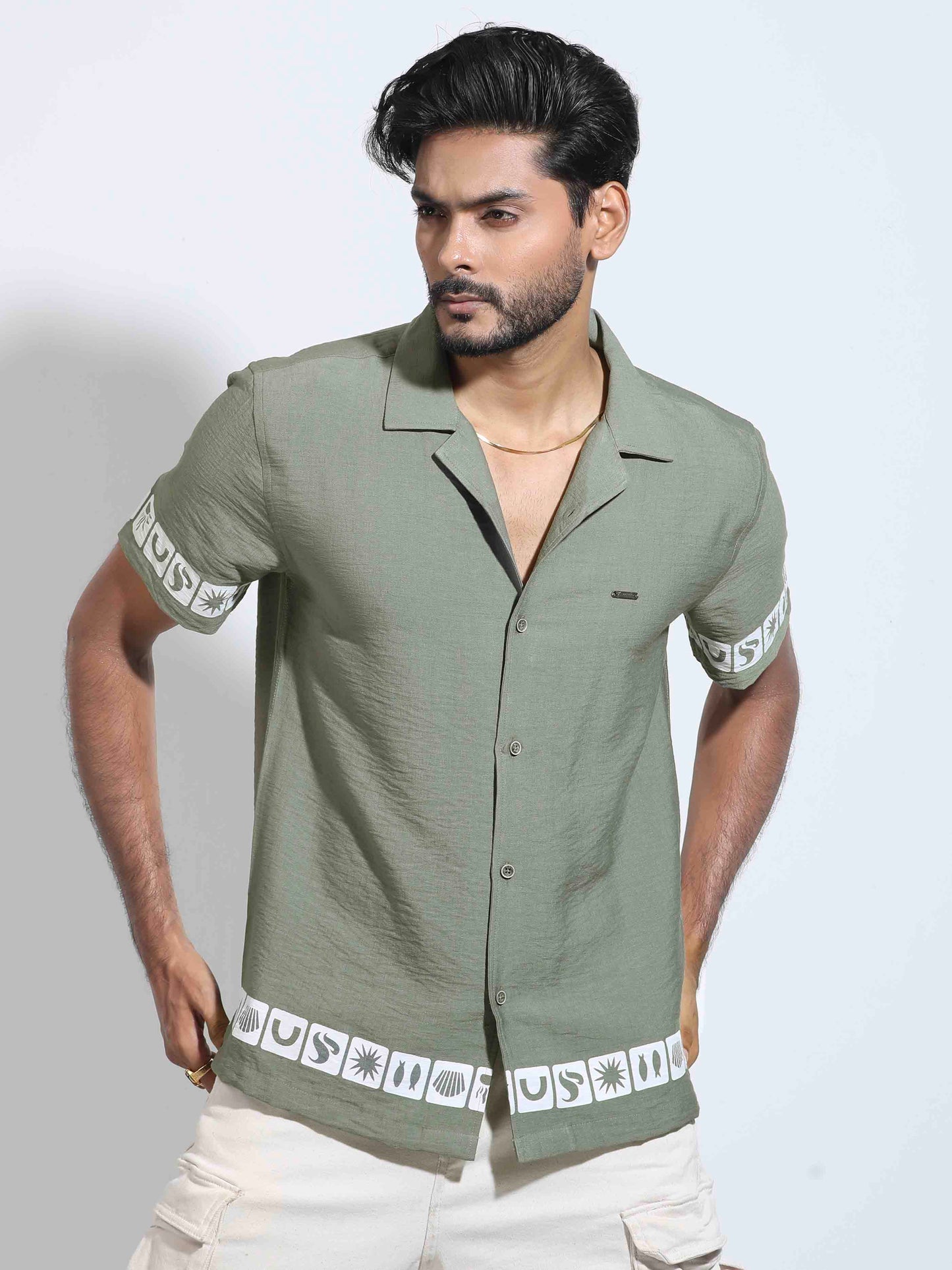 Olive color hand and waist printed Havana shirt