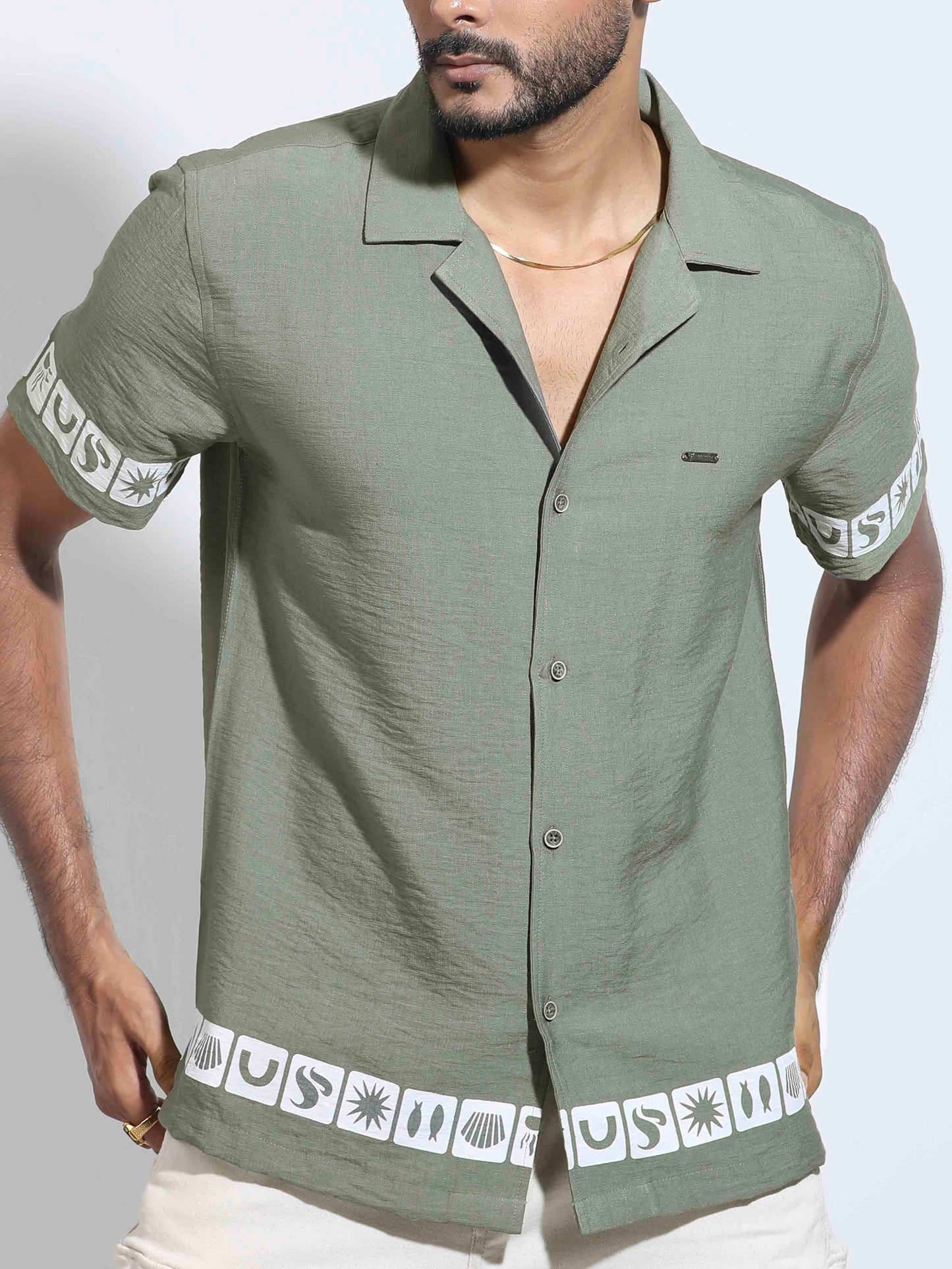 Olive color hand and waist printed Havana shirt