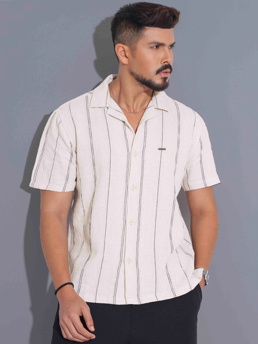 Pearl white Black stripe printed havana shirt