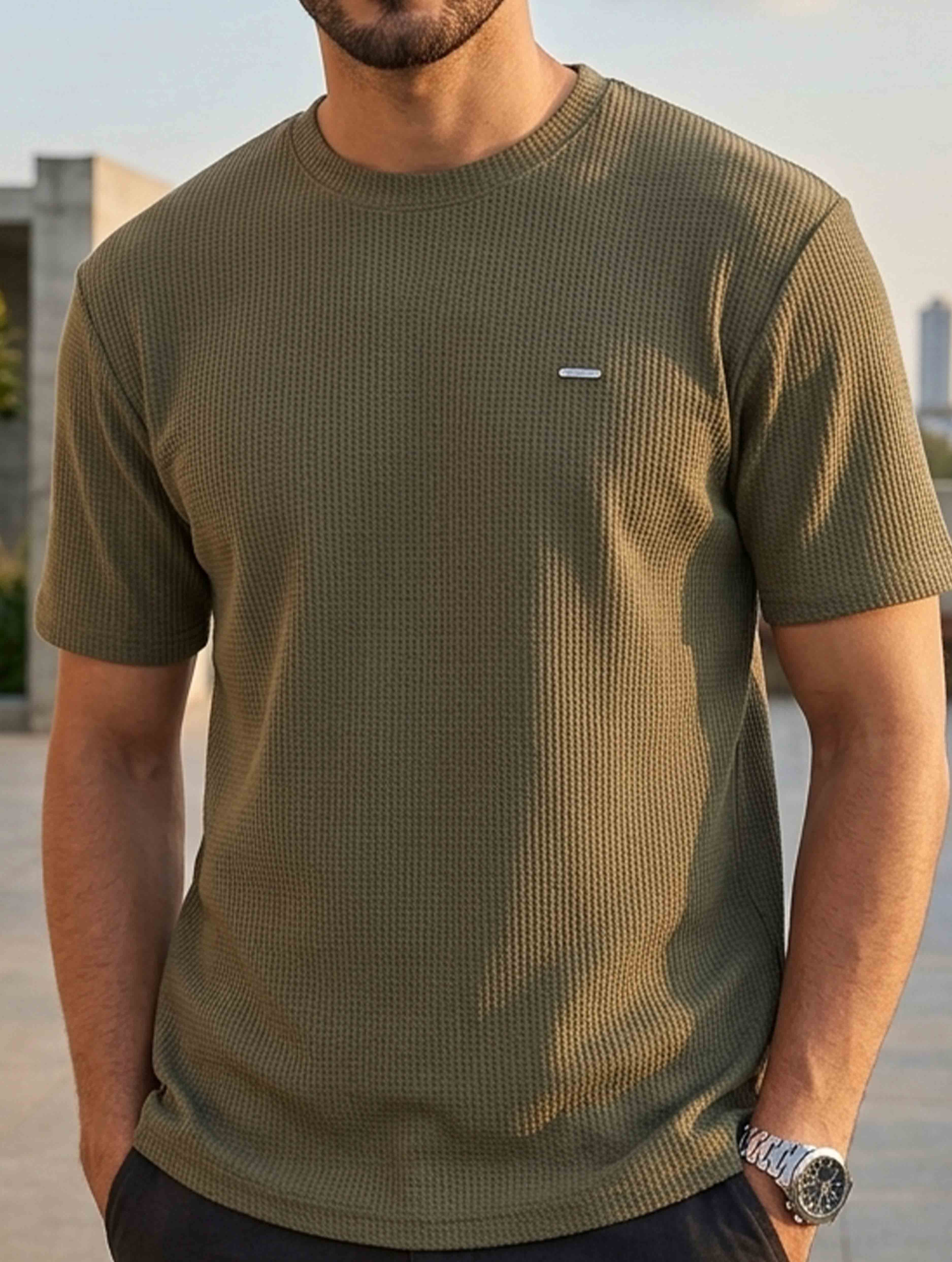Deep olive Solid Waffle Fabric Semi Drop T-shirt