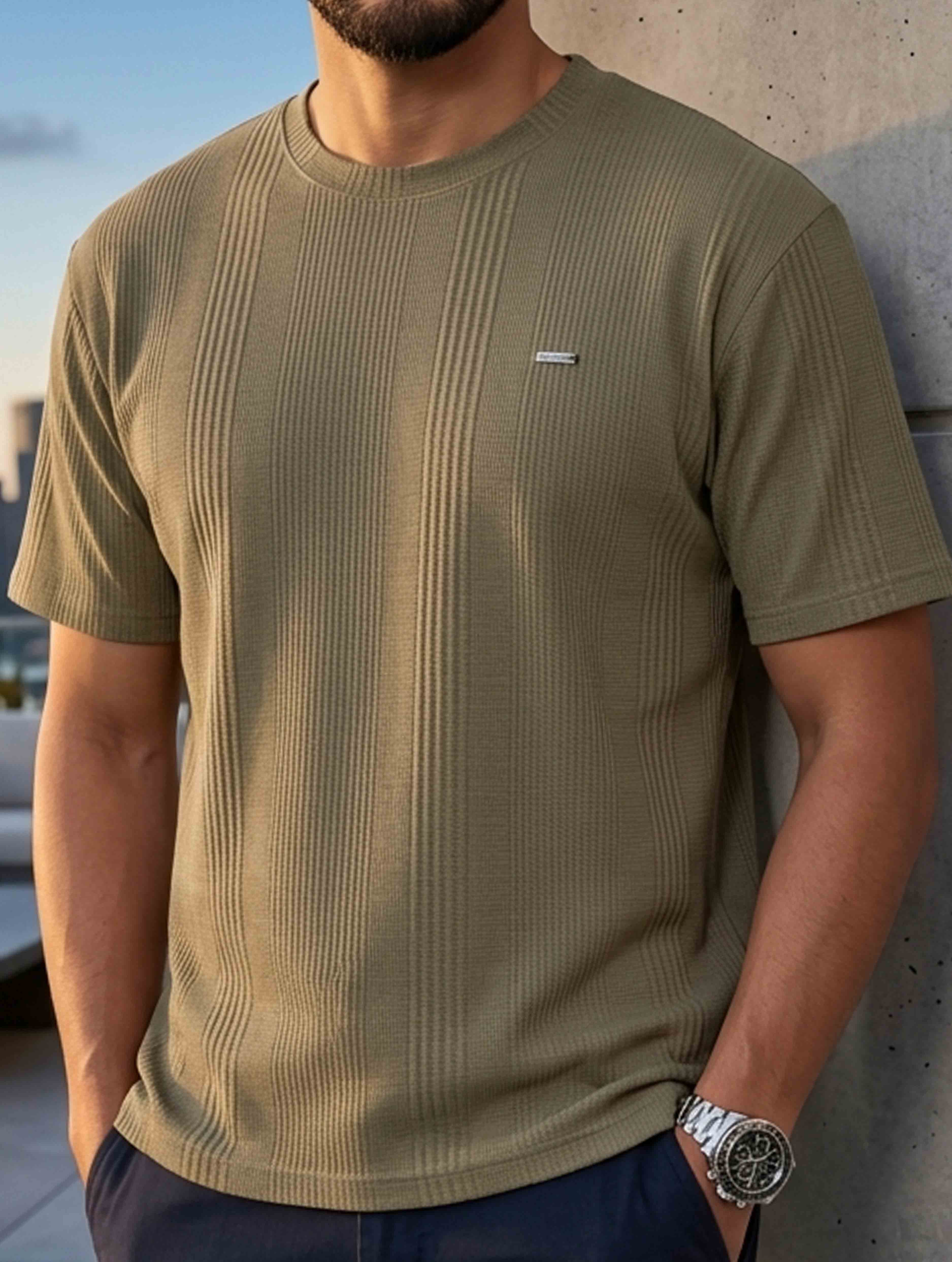 Olive Solid Texture Waffle Fabric Semi Drop T-shirt