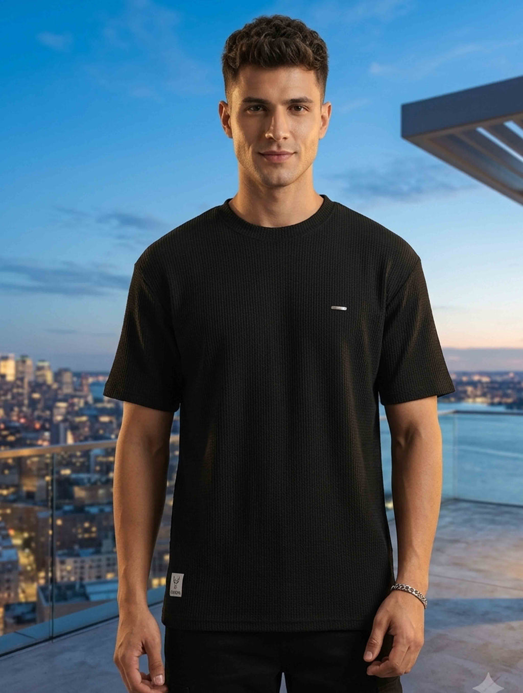 Ink Black Solid Waffle Fabric Semi Drop T-shirt