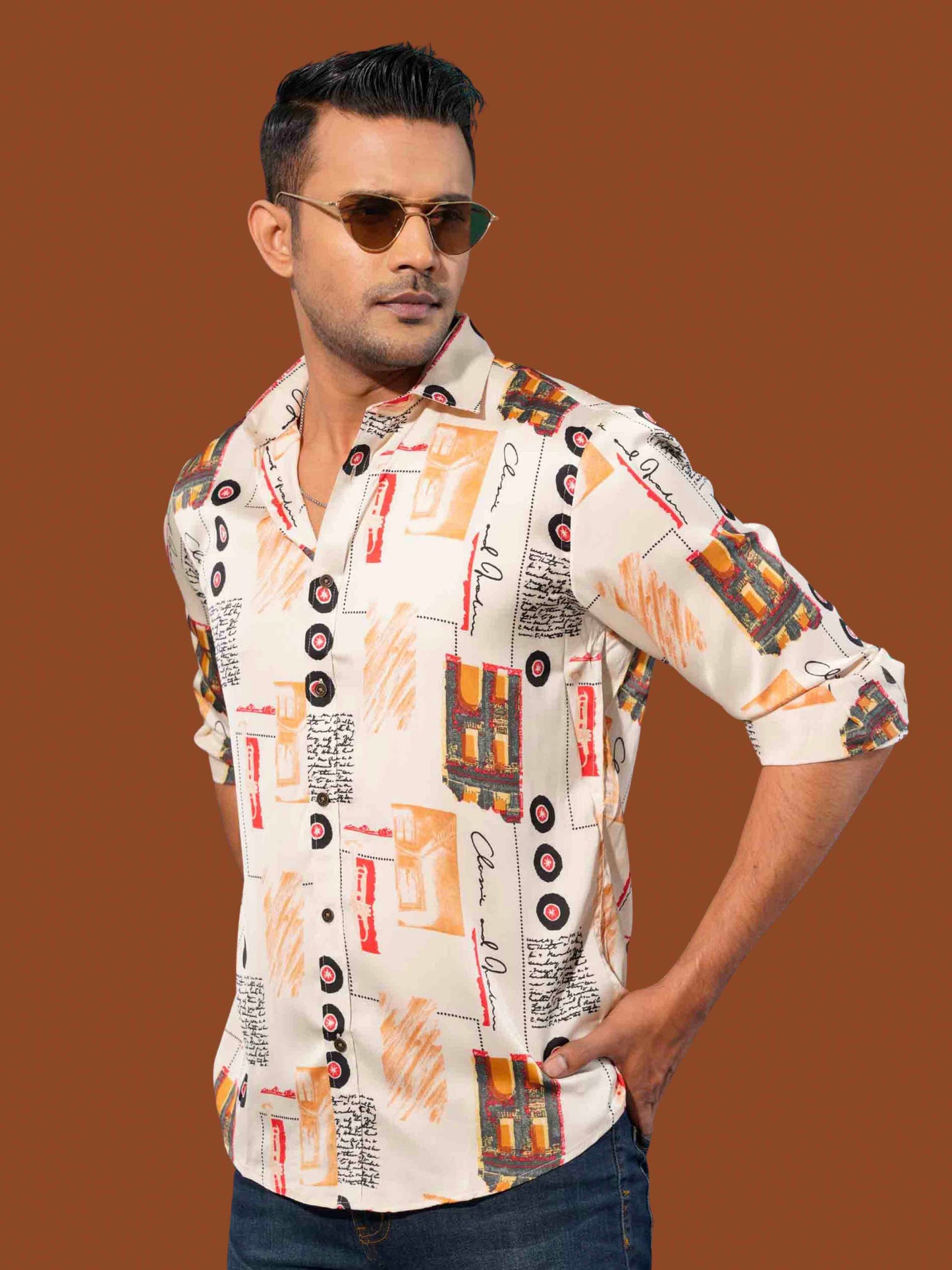 Purl white vintage city printed royal silk full sleeve shirt
