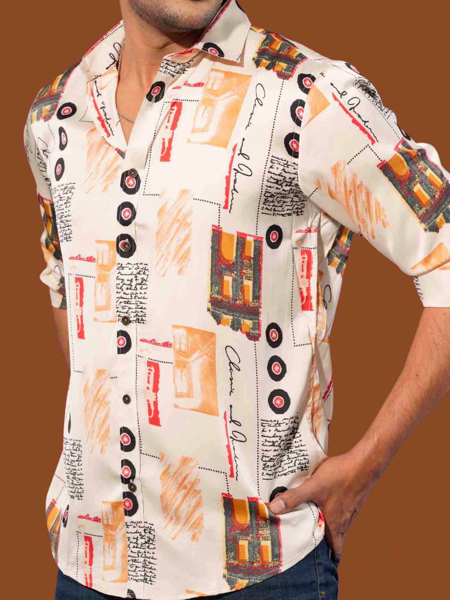 Purl white vintage city printed royal silk full sleeve shirt