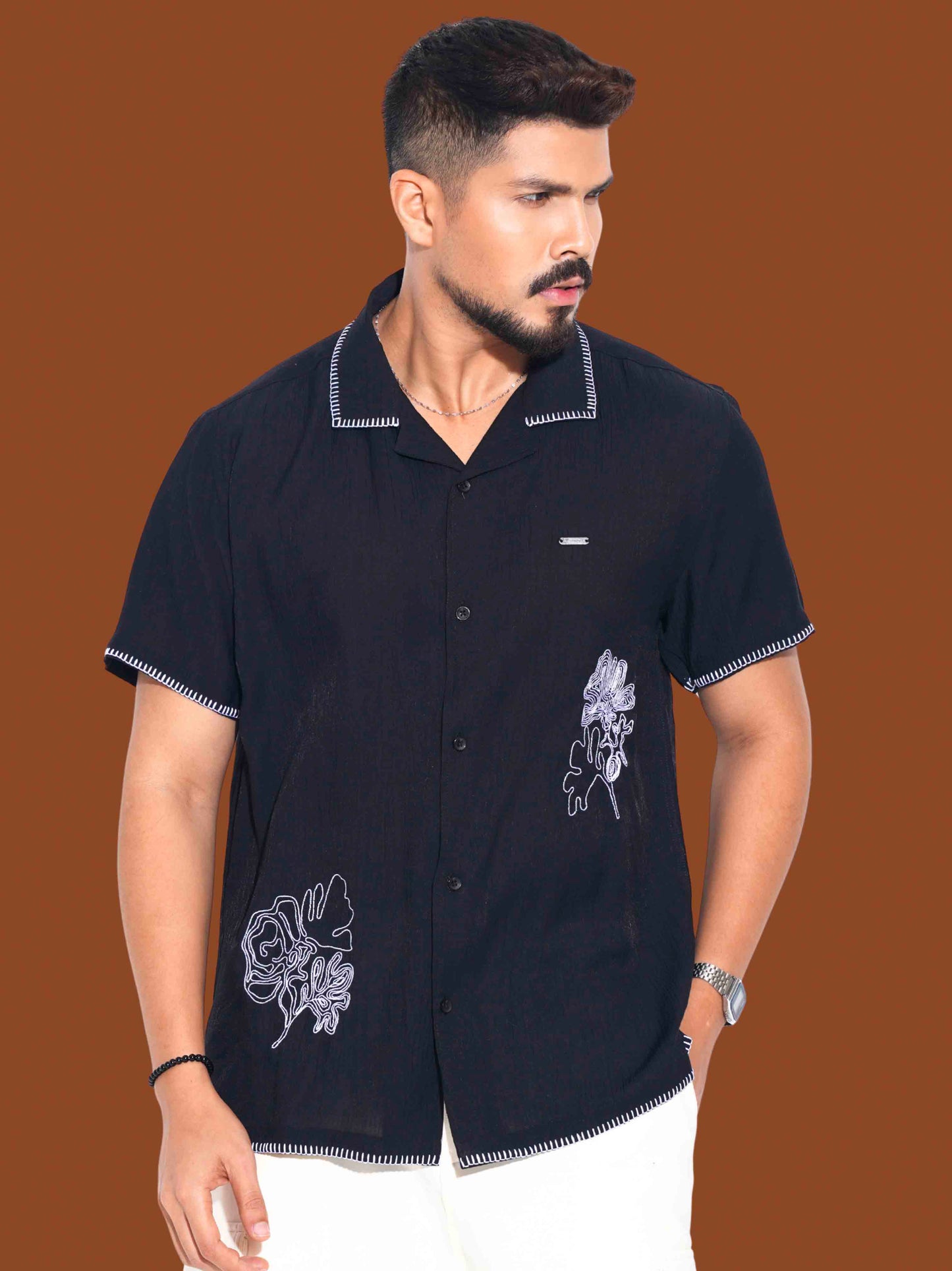 Black Flower Embroidery Viscos havana shirt