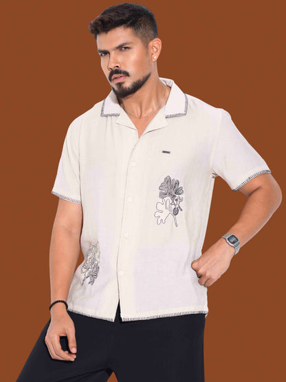 Cream Flower Embroidery Viscos havana shirt