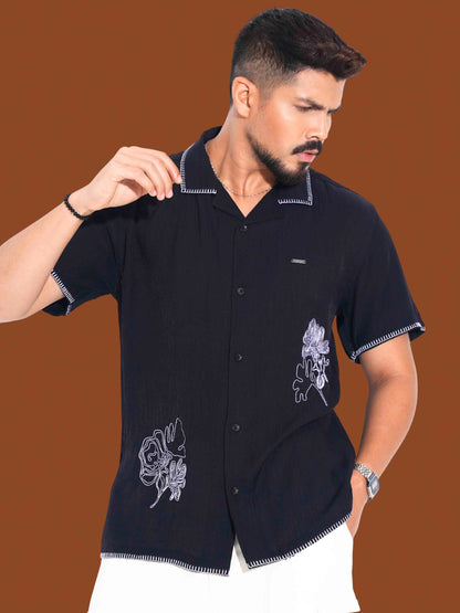 Black Flower Embroidery Viscos havana shirt
