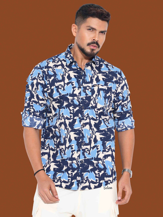 Cream Black Blue printed full sleeve shirt