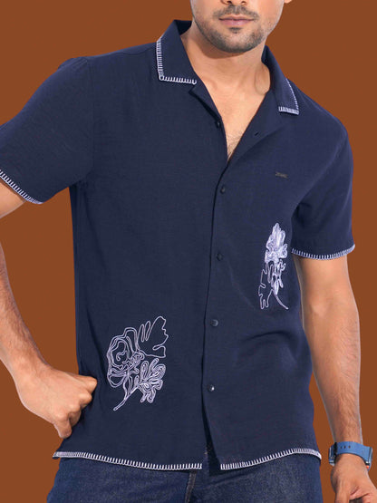 Deep Blue Flower Embroidery Viscos havana shirt