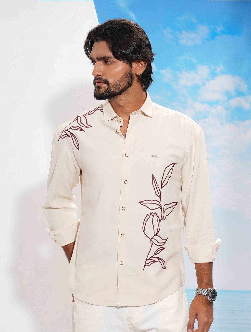 Cream Maroon Flower print full Sleeve Shirt