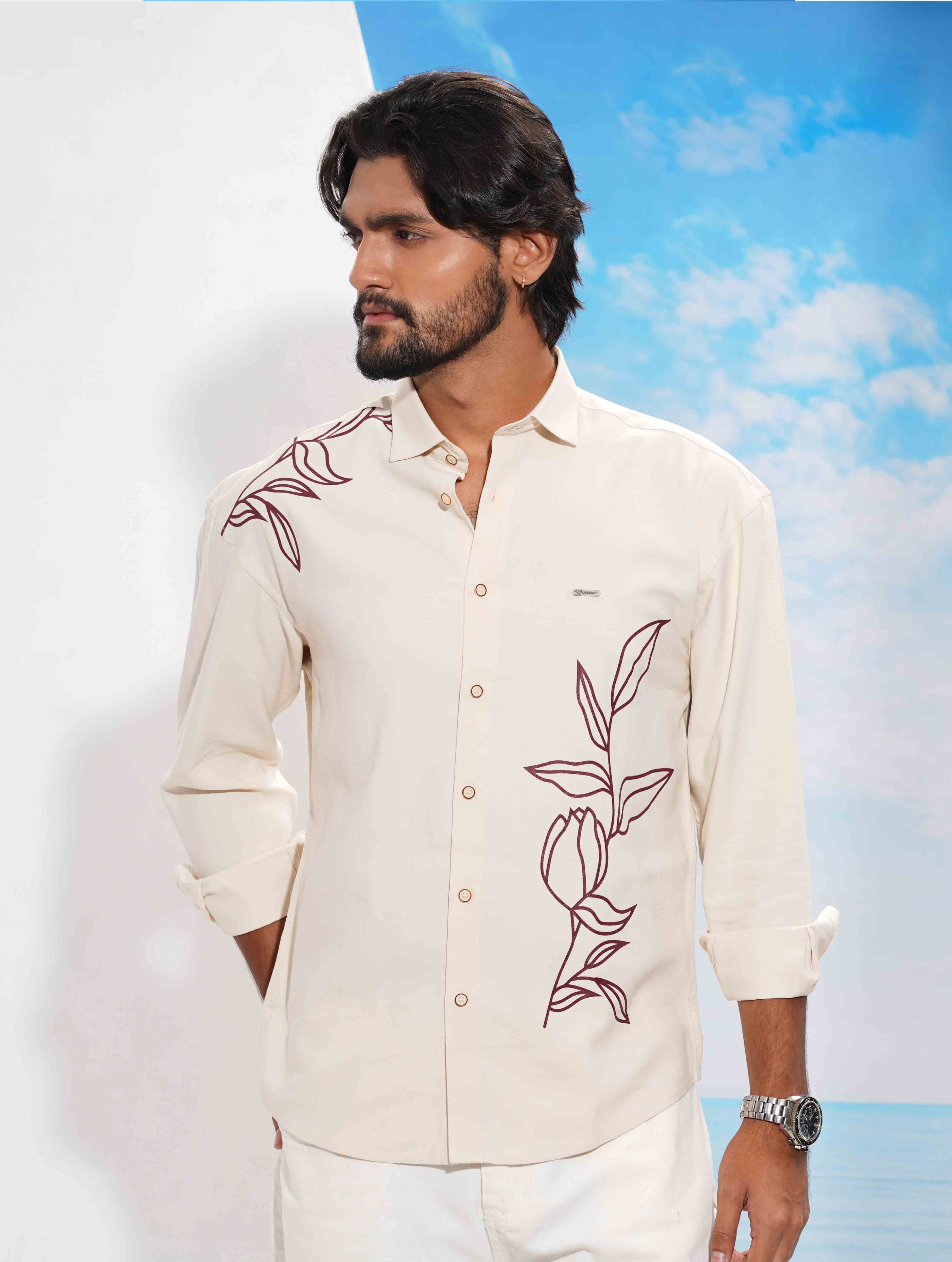 Cream Maroon Flower print full Sleeve Shirt