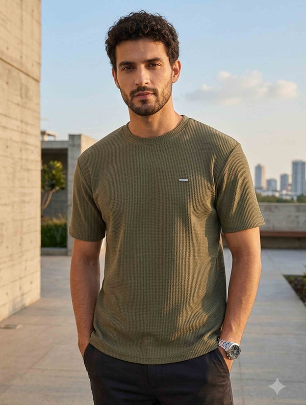 Deep olive Solid Waffle Fabric Semi Drop T-shirt