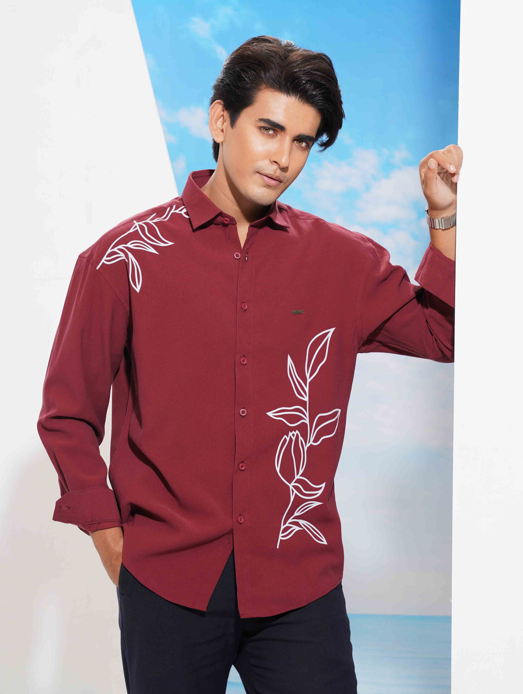 Maroon Ash Flower print full Sleeve Shirt