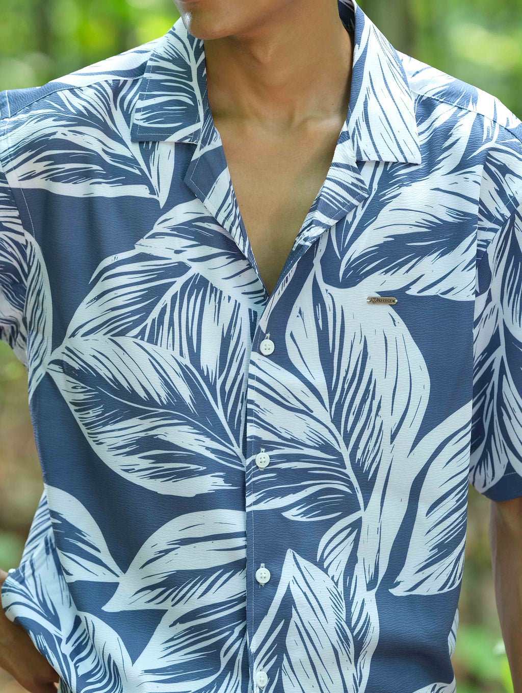 White Blue Leaf Stitch Fabric Print Havana Shirt