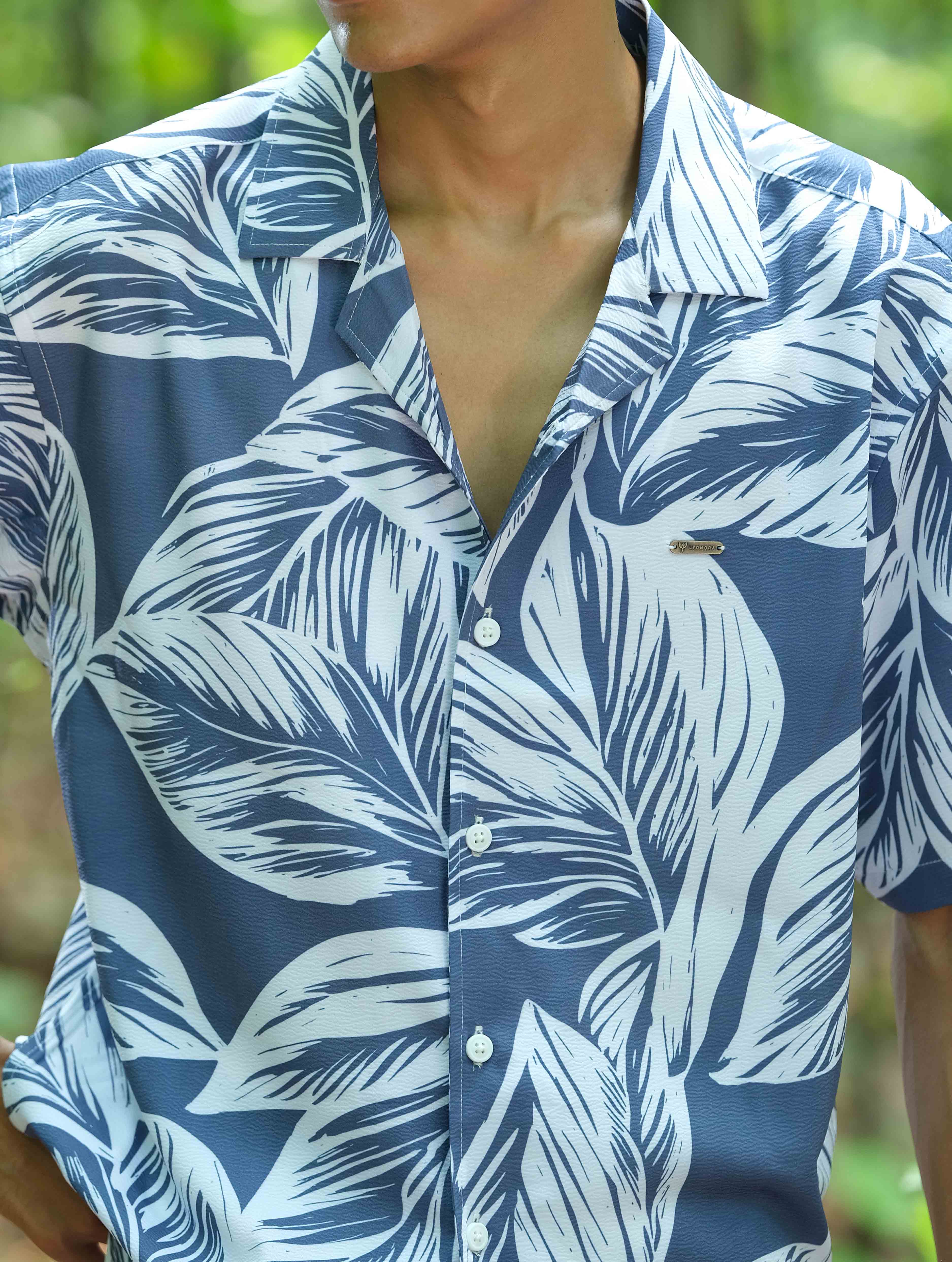 White Blue Leaf Stitch Fabric Print Havana Shirt