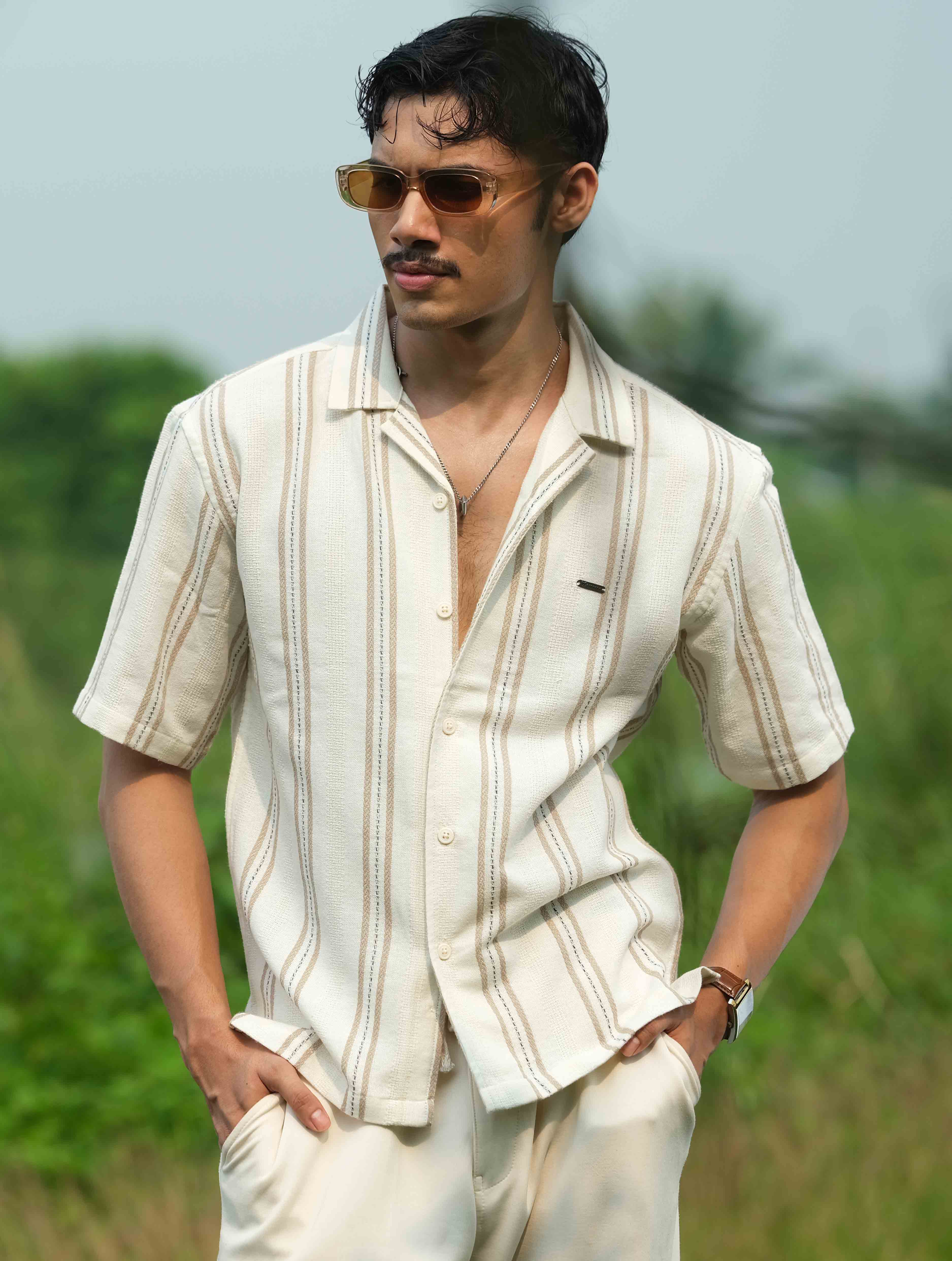 Cream Olive Stripe Remi Cotton Havana Shirt