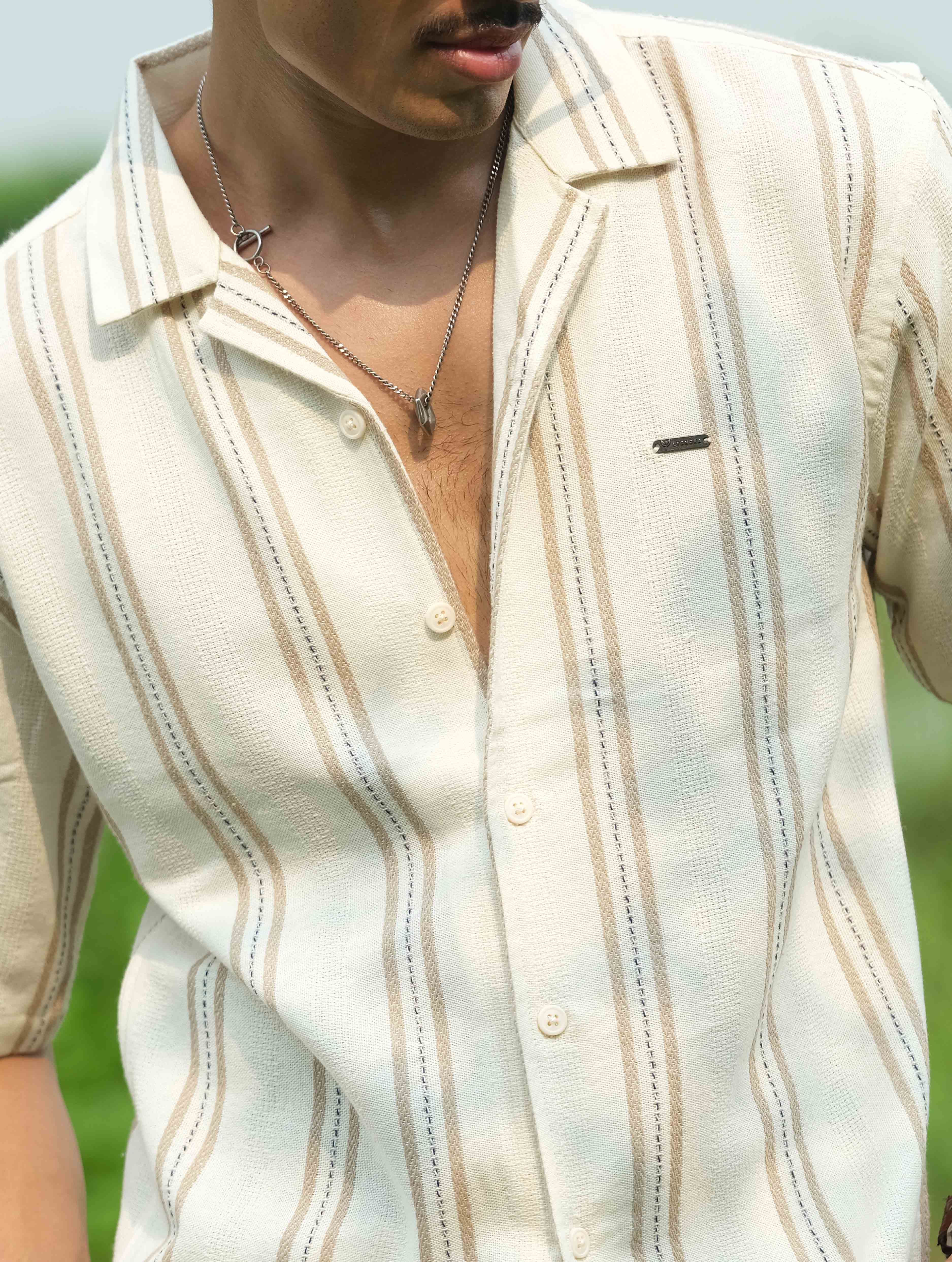 Cream Olive Stripe Remi Cotton Havana Shirt