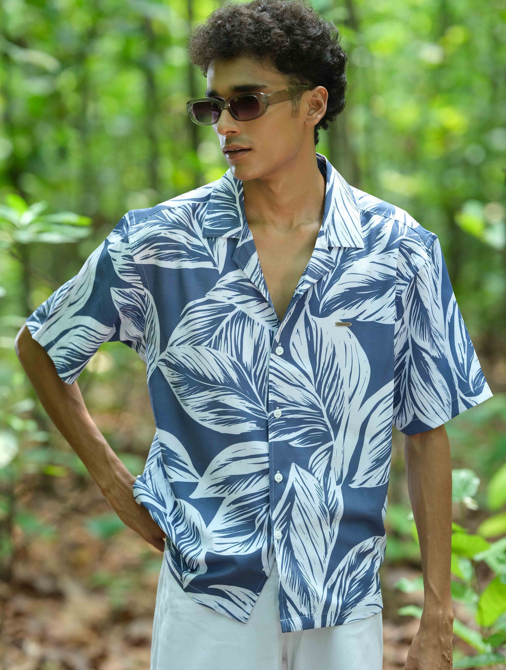 White Blue Leaf Stitch Fabric Print Havana Shirt