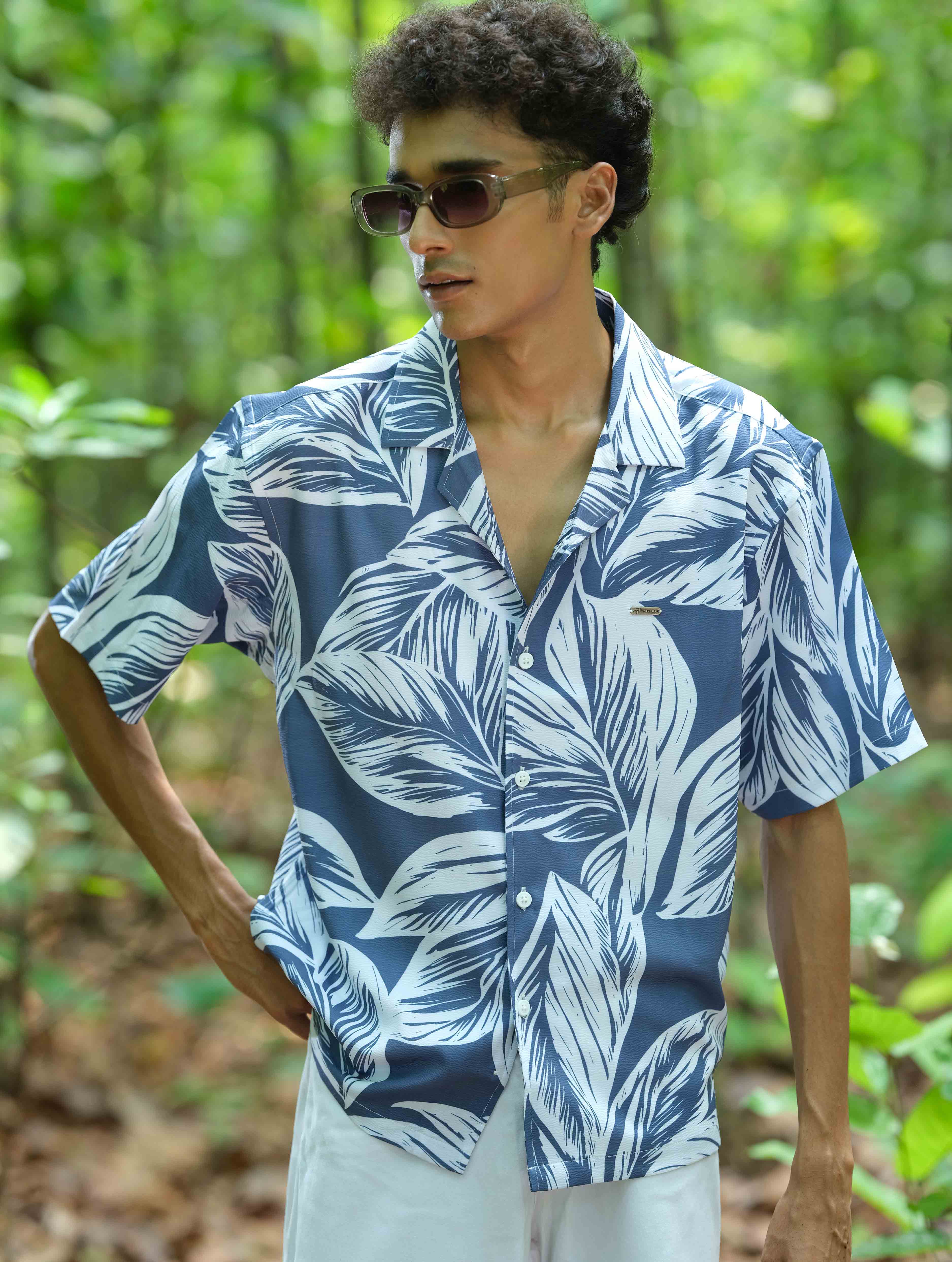 White Blue Leaf Stitch Fabric Print Havana Shirt