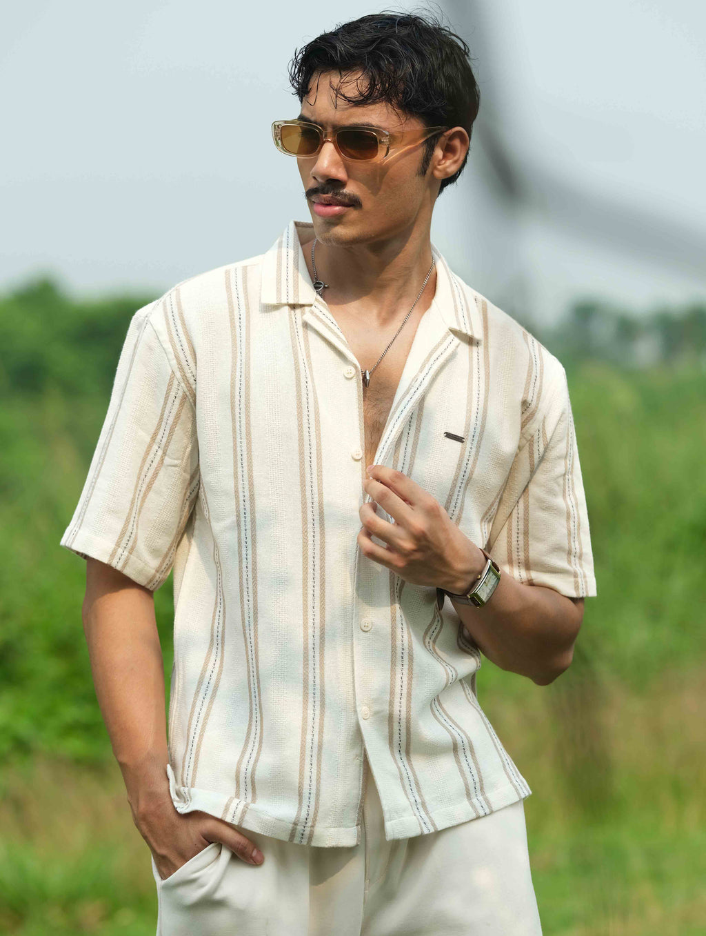 Cream Olive Stripe Remi Cotton Havana Shirt