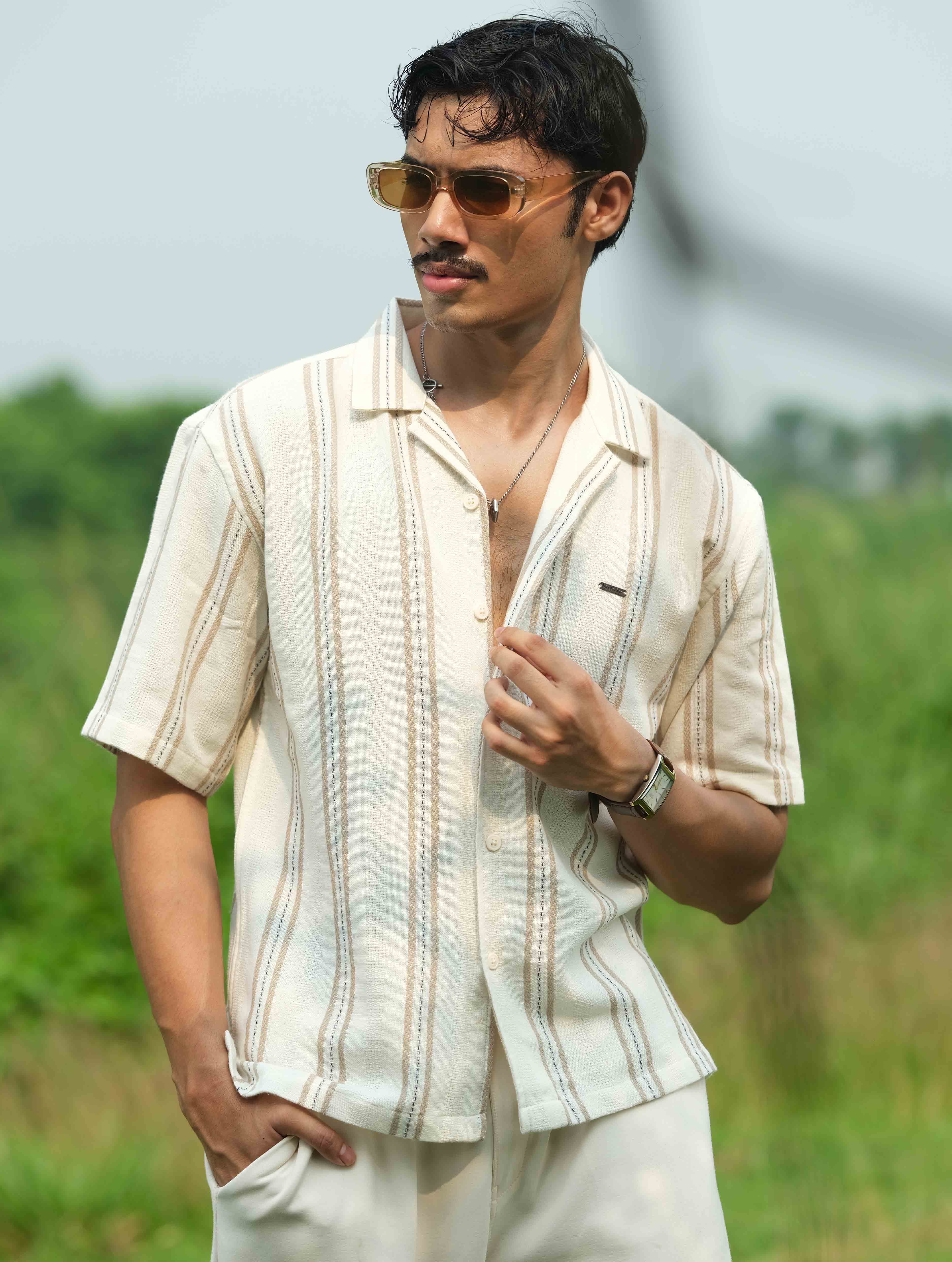 Cream Olive Stripe Remi Cotton Havana Shirt