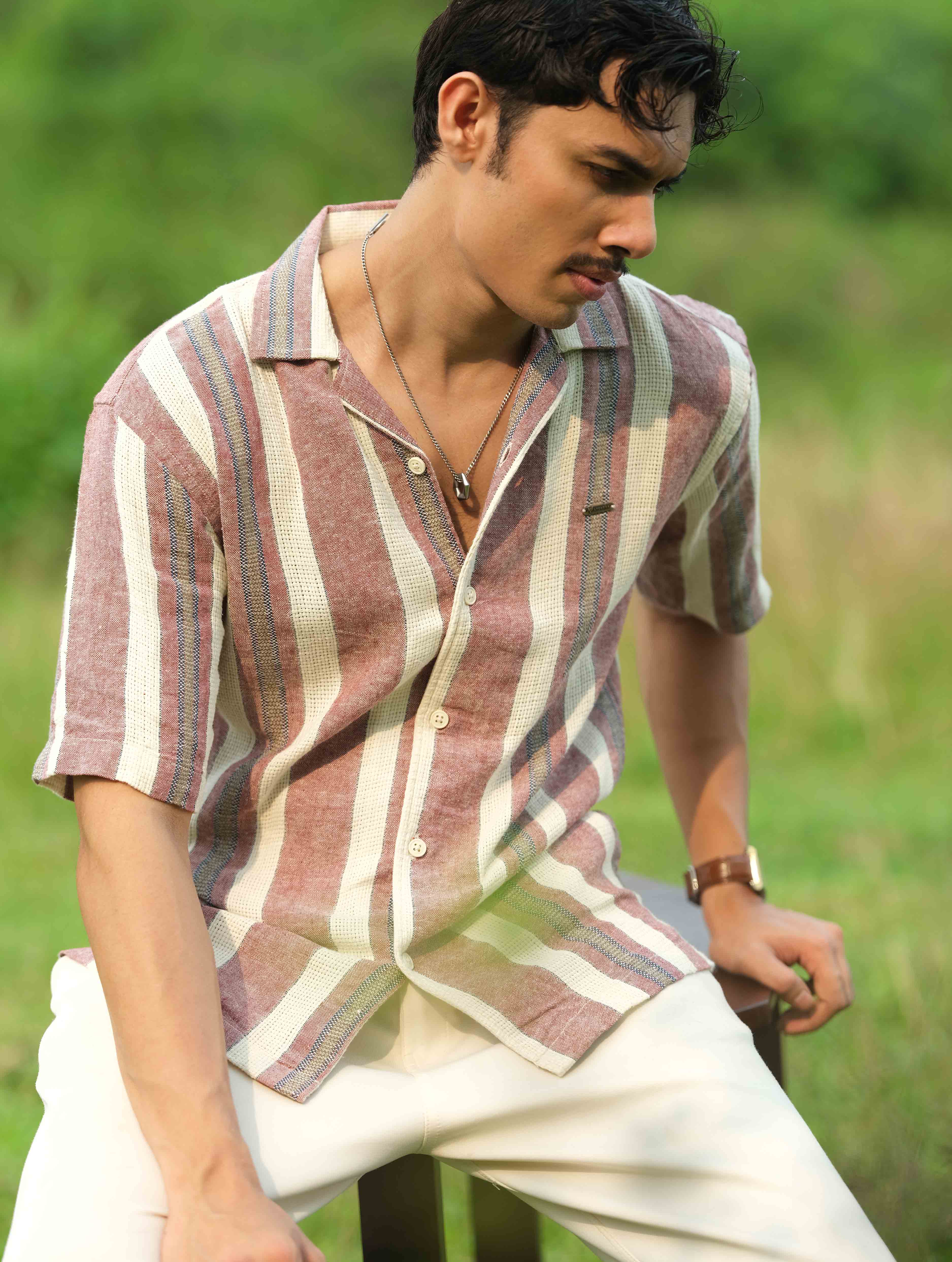 Cream Faded Red Stripe Drop-Shoulder Half Shirt