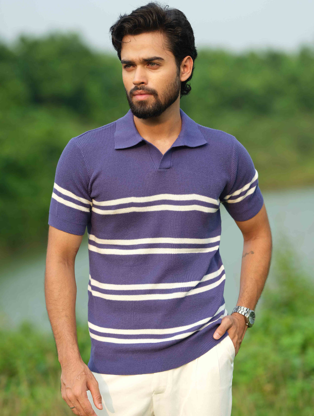 Purple - White Double stripe Stripe Knit Polo