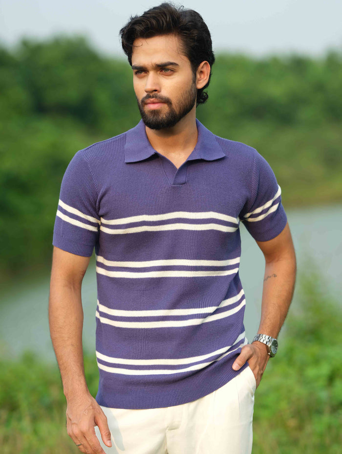 Purple - White Double stripe Stripe Knit Polo