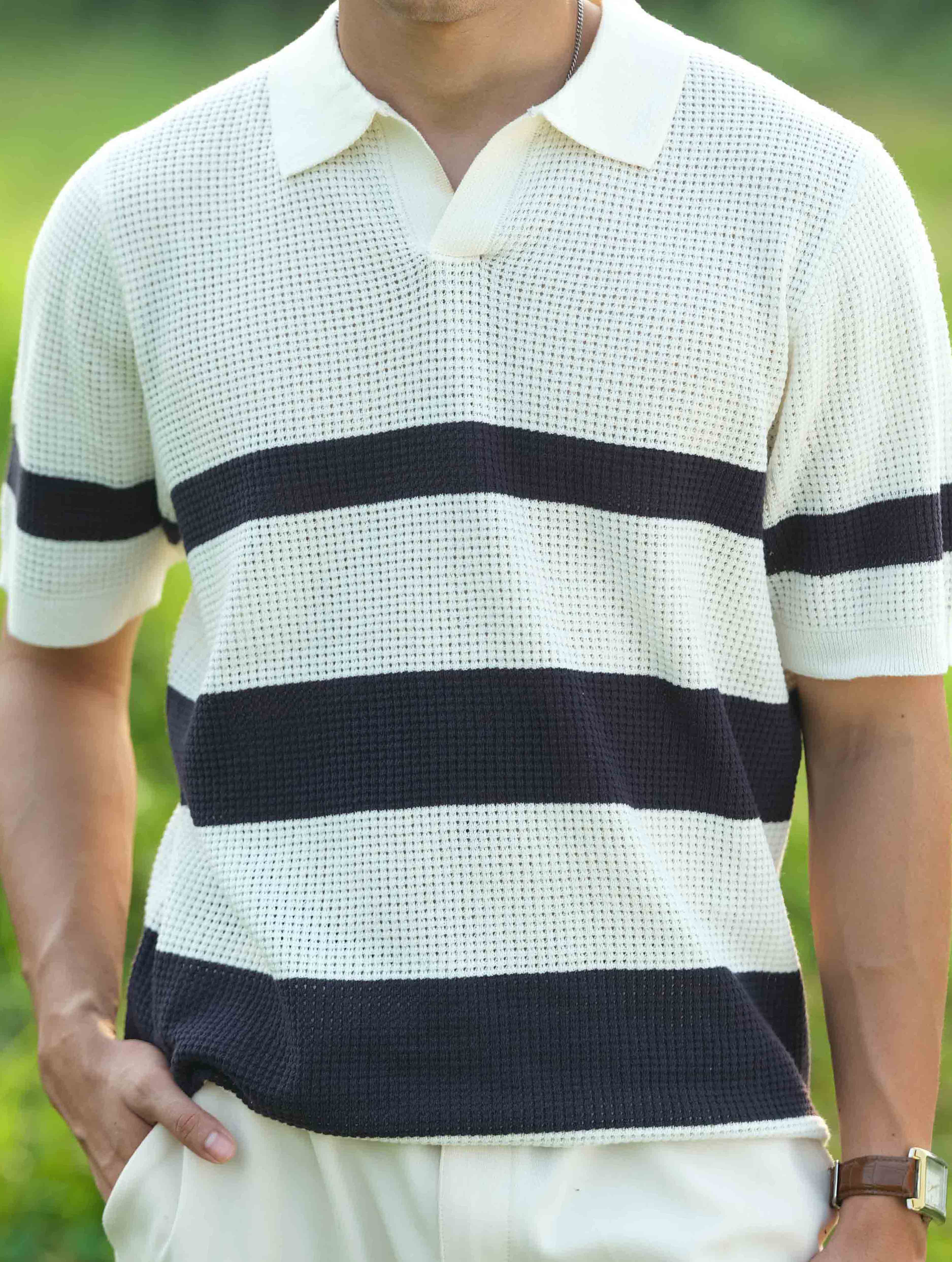 Cream - Black Stripe Knit Polo